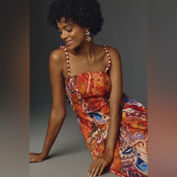 Farm Rio x Anthropologie Sleeveless Midi Dress new size large orange drop waist - Picture 4 of 12